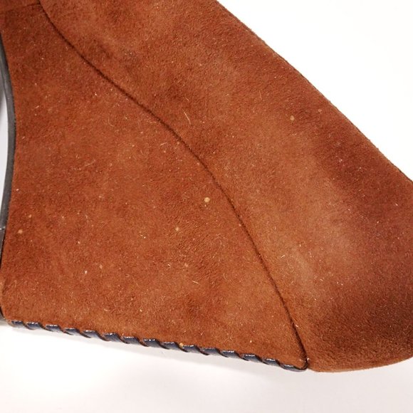 Jack rogers Brown Black Suede Leather WhipStitch Peep Toe Wedge Sandals Sz 6 - Picture 5 of 7